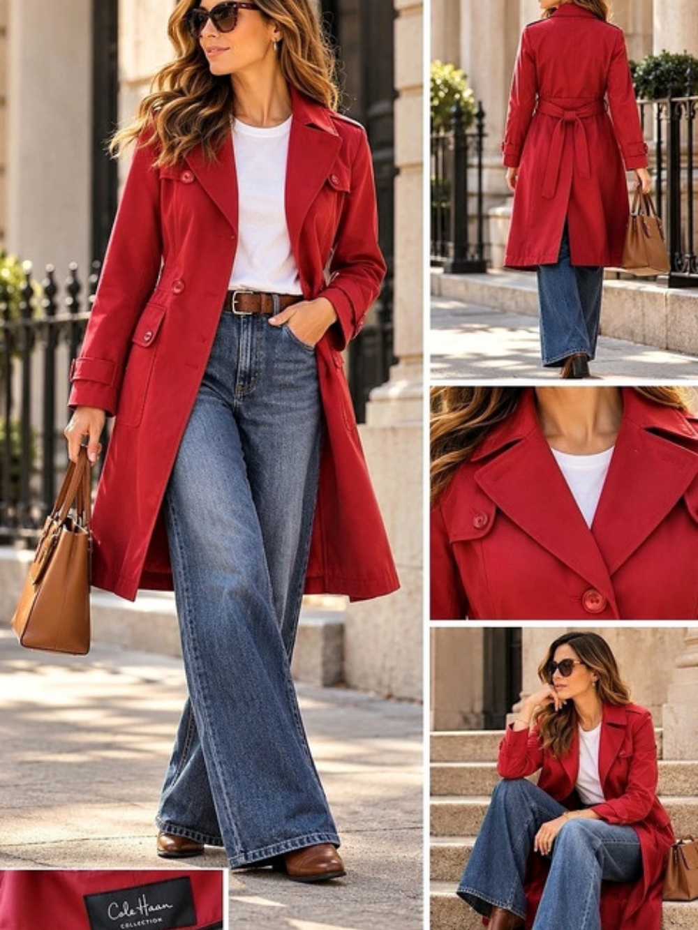 Cole Haan Collection Red Trench Coat Removable Floral Liner Belted Size 6